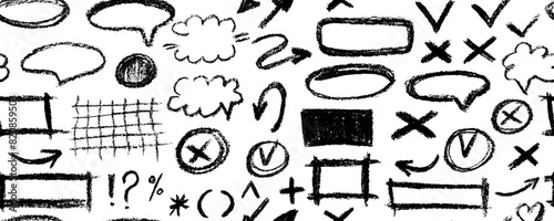 Brush drawn doodle shapes seamless pattern. Hearts, crowns, arrows, crosses, swirls and dots with dry brush texture. Banner background with trendy graffiti style elements. Hand drawn various shapes.