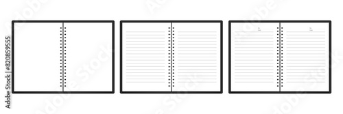 Blank open book or notepad vector template. Notebook and bookmark template in different views isolated on white background. Realistic blank booklet cover, notebook 3d vector set.