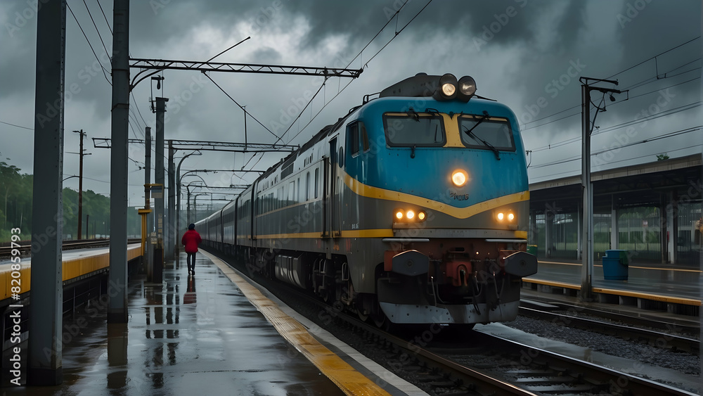 Obraz premium A train pulls into a station platform as a person with a red umbrella waits, captured on a gloomy, overcast day with rain