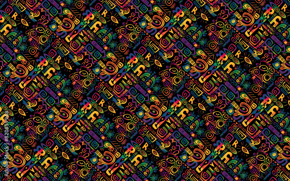 Colorful tribal geometric pattern on black background