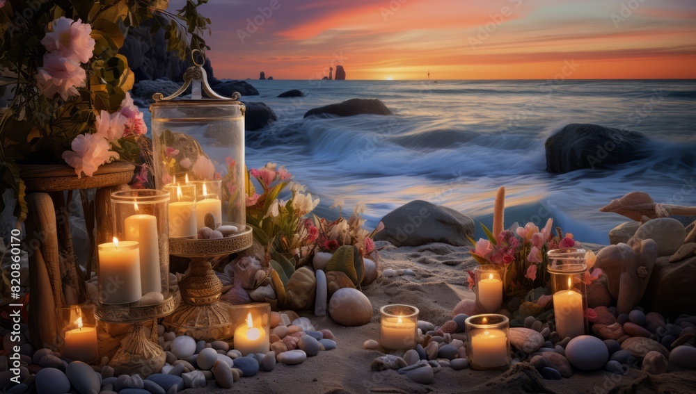 Fototapeta premium Sunset Splendor Candles on Sandy Shores with Shells.