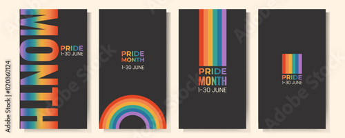 Set of LGBTQ pride month vertical banner, card, poster template with rainbow flag. Gay parade celebration. Vector illustration on black background