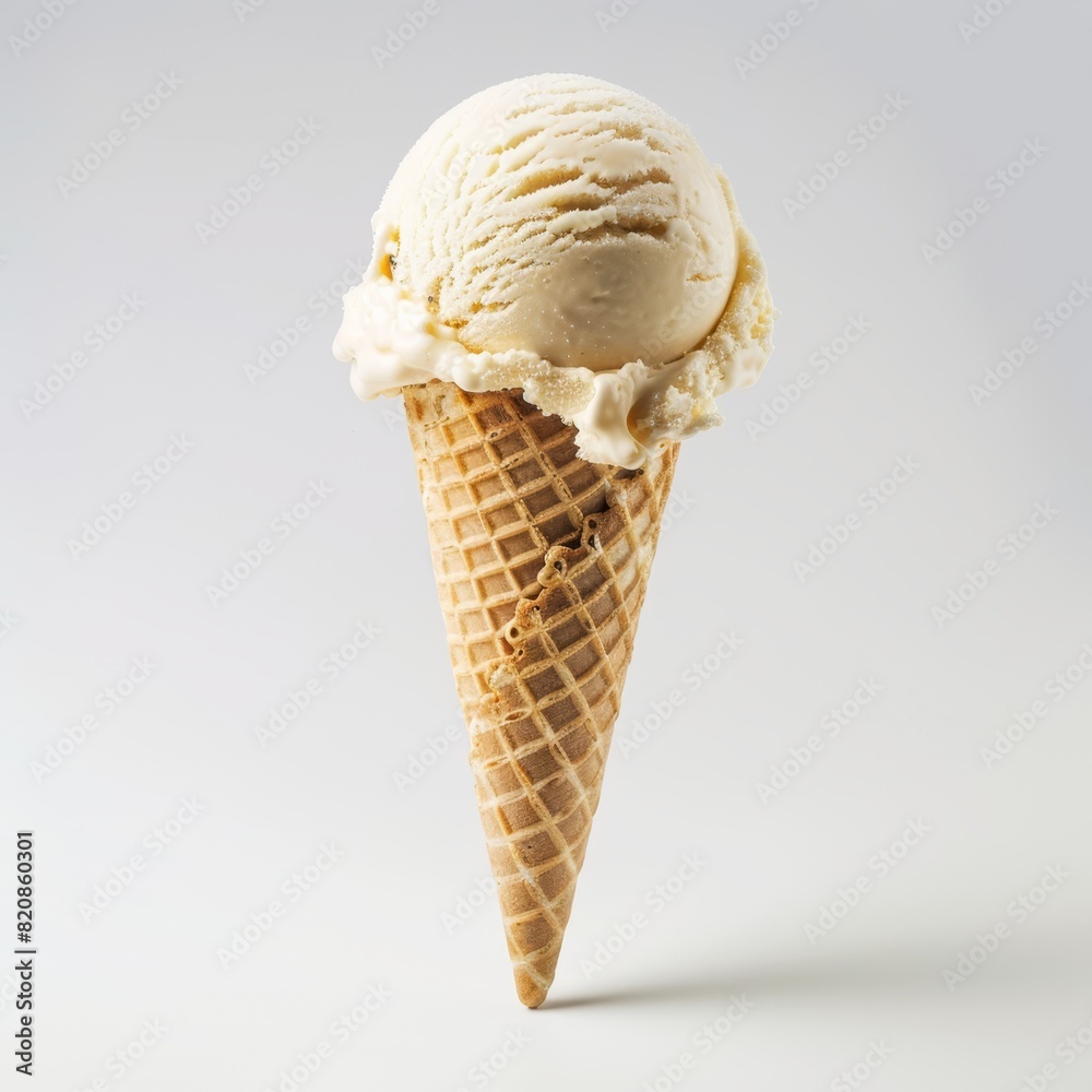 A scoop of classic vanilla bean ice cream on a sugar cone, standing upright on a white background. A scoop of classic vanilla bean ice cream on a sugar cone, standing upright on a white background.