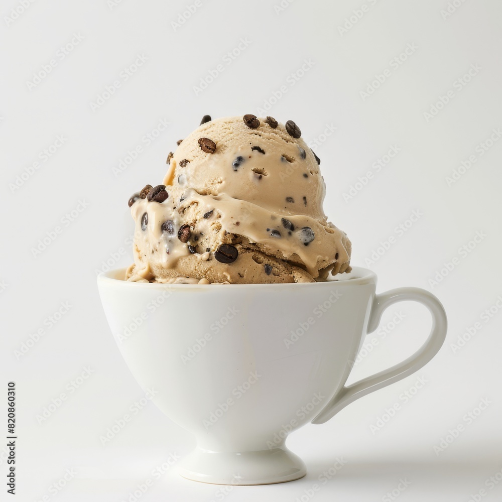 Espresso chip ice cream in a coffee cup, styled minimally against a white background. 