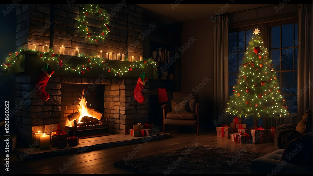 Naklejka premium Warm and inviting living room decorated for Christmas with a glowing fireplace and tree
