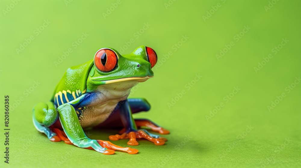 Naklejka premium Green Frog With Red Eyes Sitting on Green Surface