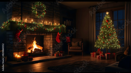 Warm and inviting living room decorated for Christmas with a glowing fireplace and tree