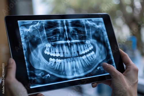 A person is holding a tablet with a picture of a person's teeth on it