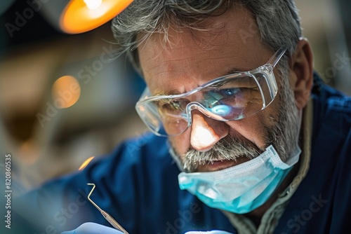 A man in a blue lab coat is wearing a mask