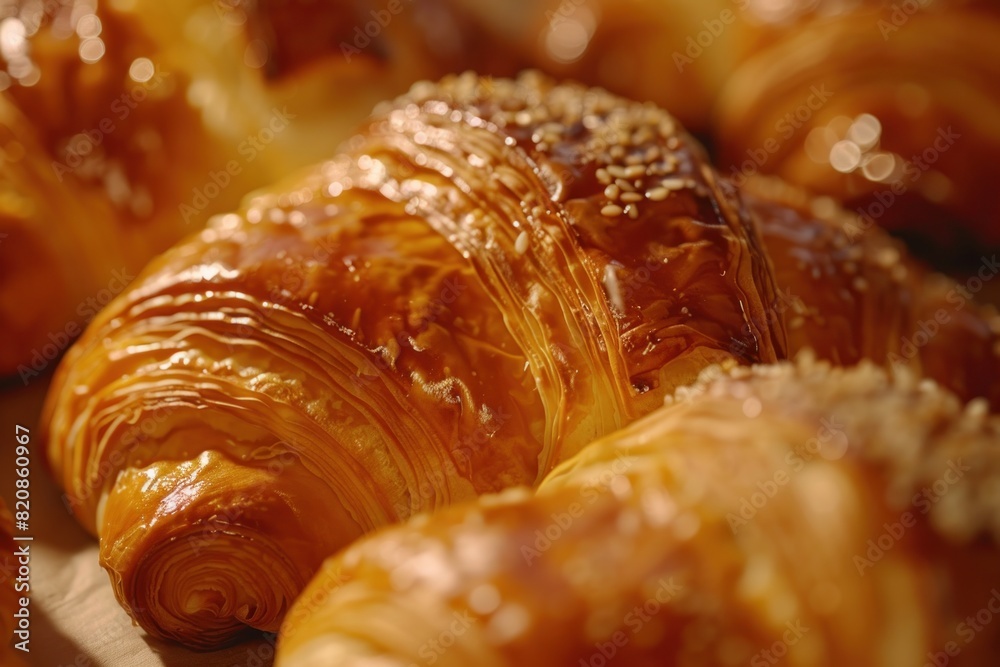 A close up of a croissant with a brown crust. The croissant is golden brown and has a crispy texture A close up of a croissant with a brown crust. The croissant is golden brown and has a crispy texture
