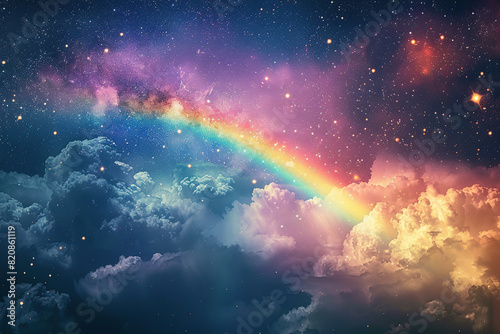 Generative ai on theme of beautiful tranquil landscape with magical bright rainbow at cloudy sky