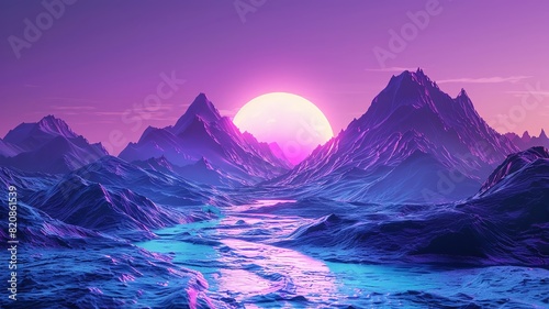 Neon purple and blue mountains in a futuristic retro wave style