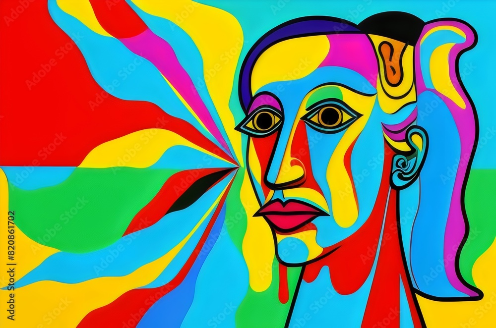 Fototapeta Colorful Abstract Art Illustrating Faces With Geometric Patterns, Vibrant Background, Bold, geometric shapes and a vibrant palette of colors come together to form abstract faces, cubism, surrealism