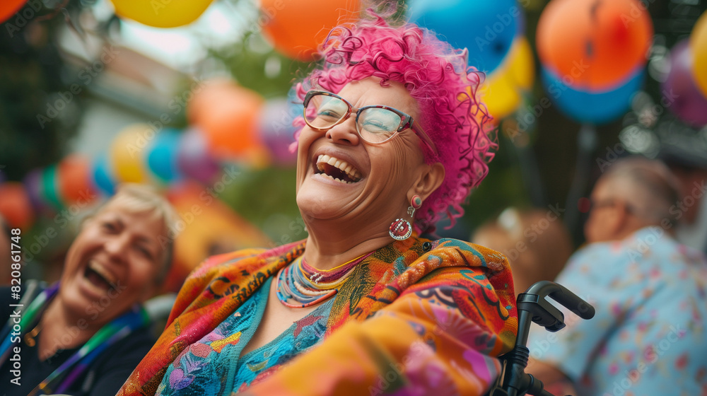 Happy disabled mature black lesbian with pink hair in wheelchair at summer office party. Inclusion & diversity at pride month. Inclusive elderly gay woman