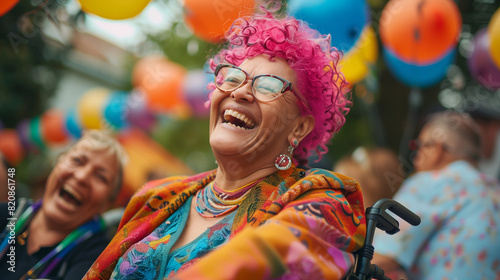 Happy disabled mature black lesbian with pink hair in wheelchair at summer office party. Inclusion & diversity at pride month. Inclusive elderly gay woman
