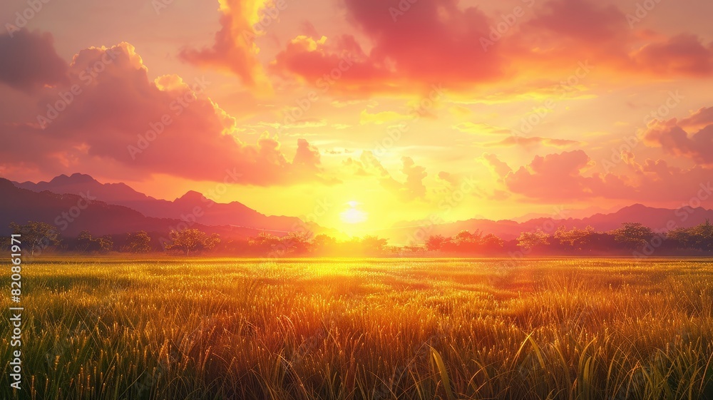 Stunning sunset over vibrant flower field and hills Stunning sunset over vibrant flower field and hills