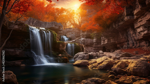 Beautiful waterfall in autumn forest in crimean photo
