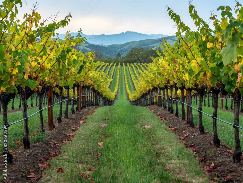 A row of grape vines with leaves in various stages of ripeness. The vines are in a field with a mountain in the background