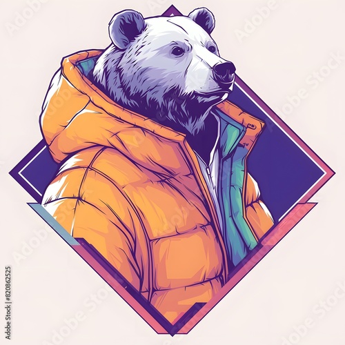 Bear mascot illustration in oversized jacket, vector logo style, e-sport gamer style, on isolated background.