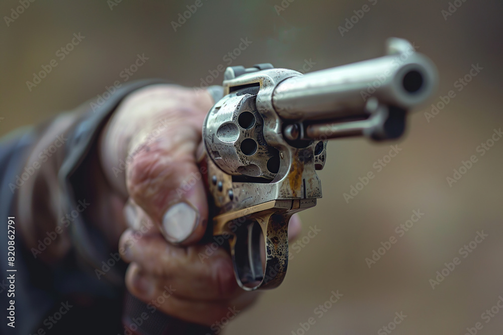 Generative ai on theme of a man aims through the sight of combat metal pistol to hit the target Generative ai on theme of a man aims through the sight of combat metal pistol to hit the target