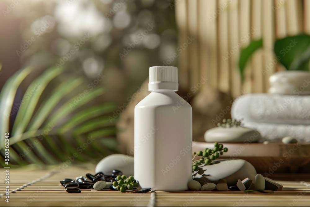 A white cosmetic bottle with a pristine label stands on a table A white cosmetic bottle with a pristine label stands on a table