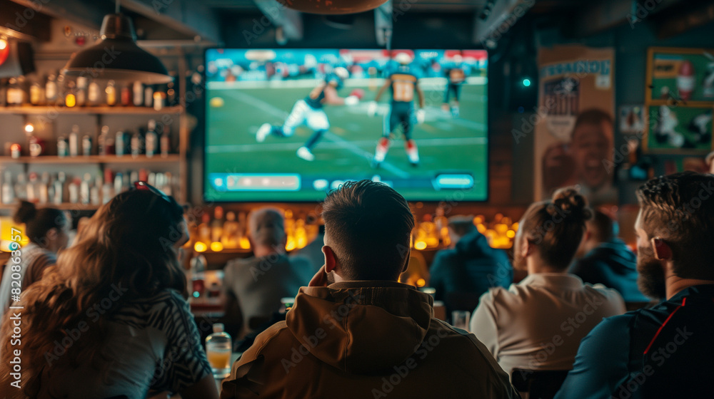 People watching american football on TV in a sports bar.