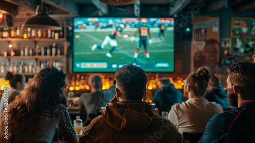 People watching american football on TV in a sports bar. 