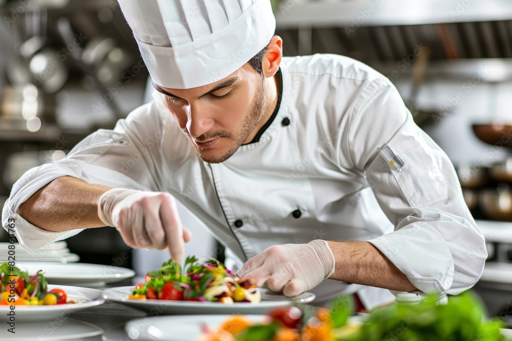 The chef is a man in the kitchen of the restaurant The chef is a man in the kitchen of the restaurant