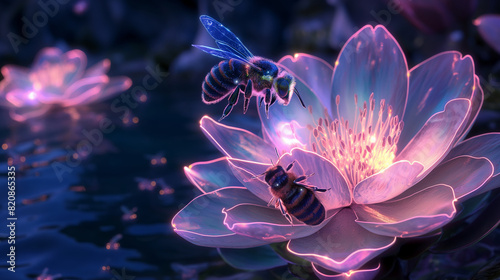 Glowing nanobees pollinating a futuristic flower. photo