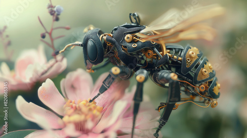 Close-up of a nanobee with mechanical wings over a flower. © Nati