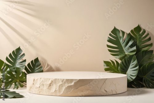 Premium quality Minimal product display neutral beige color shadows and podium background. 3d rendering