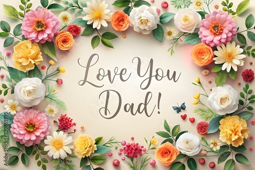Charming "Love You, Dad" Floral Border Illustration for Father's Day, Banner, Poster, Background, Gifts, Cards, Greeting