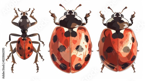 Cartoon realistic modern illustrations of a ladybird or ladybug with black spots, a winged and wingless insect isolated on a white background. photo