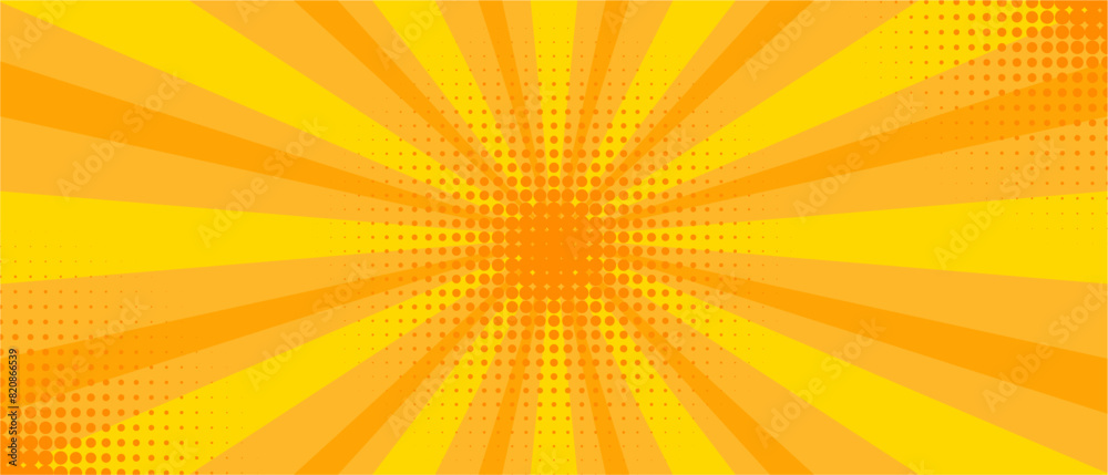 Yellow comic background with sun burst and dot halftone. Cartoon funny retro pattern strip mock up. Vector halftone illustration. Vintage backdrop for comic superhero text, speech bubble, message. Yellow comic background with sun burst and dot halftone. Cartoon funny retro pattern strip mock up. Vector halftone illustration. Vintage backdrop for comic superhero text, speech bubble, message.