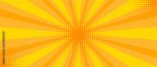 Yellow comic background with sun burst and dot halftone. Cartoon funny retro pattern strip mock up. Vector halftone illustration. Vintage backdrop for comic superhero text, speech bubble, message.