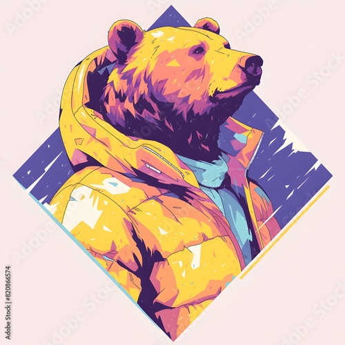 Bear mascot illustration in oversized jacket, vector logo style, e-sport gamer style, on isolated background.