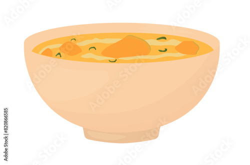 Pumpkin soup in pot, saucepan, bowl. Vector stock illustration. Vegetarian food. Kitchen, recipe, menu. Isolated on a white background.