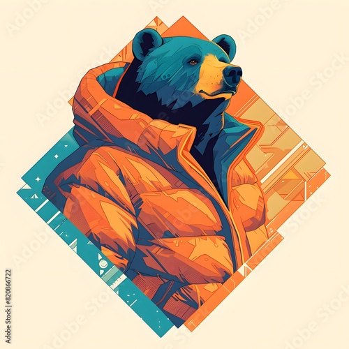 Bear mascot illustration in oversized jacket, vector logo style, e-sport gamer style, on isolated background.