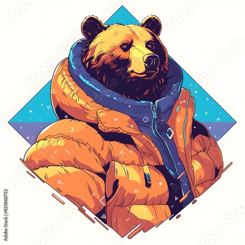 Bear mascot illustration in oversized jacket, vector logo style, e-sport gamer style, on isolated background.