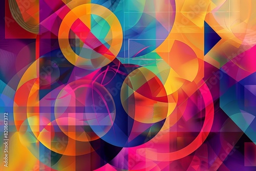 Abstract background featuring geometric designs with circles, triangles, and squares in vibrant colors