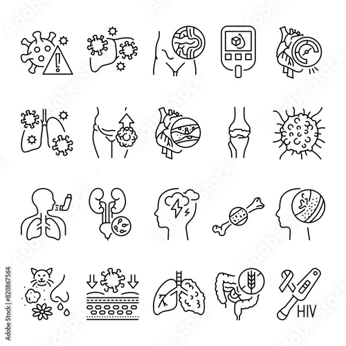 Human diseases  line black icons set. Signs for web page, mobile app, button, logo. Vector isolated buttons.