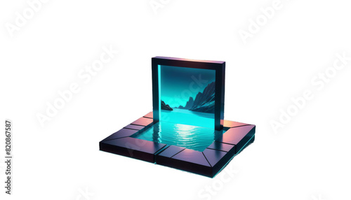 spiritual modern background render glowing abstract frame 3d sunrise wallpaper futuristic square cliffs landscape minimal water neon zen three-dimensional rock mountain light glow laser energy yellow