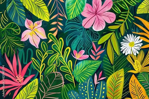 Textured background featuring hand-drawn florals, green leaves, and jungle patterns in vibrant colors