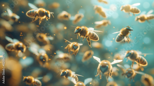 A swarm of nano bees flying in formation, their bodies reflecting light.