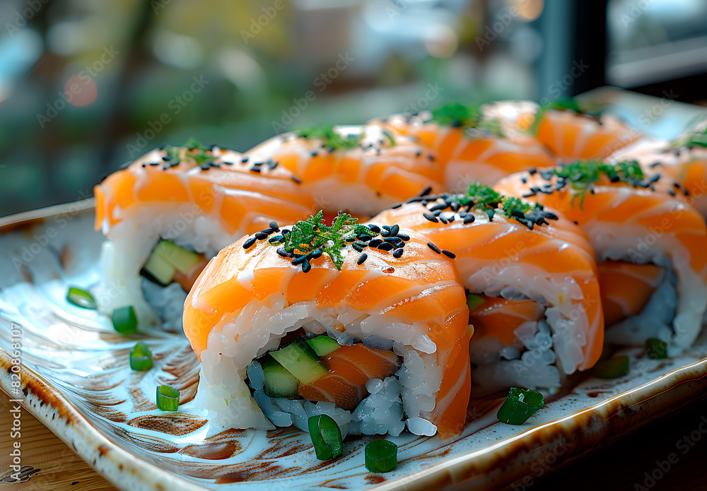 Salmon sushi plate ready to consume and taste. Concept: raw food, gastronomic experience Salmon sushi plate ready to consume and taste. Concept: raw food, gastronomic experience