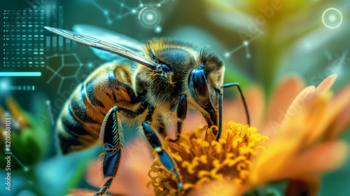 Nano bee with AI sensors scanning a flower with augmented reality data overlays.