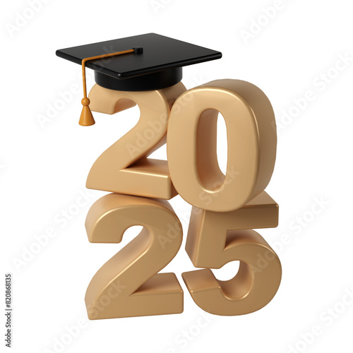 Class of 2025 3d icon. Congratulation graduates design template with black cap and numbers. Gold graduation typography illustration for ceremony, party, greeting card, invitation