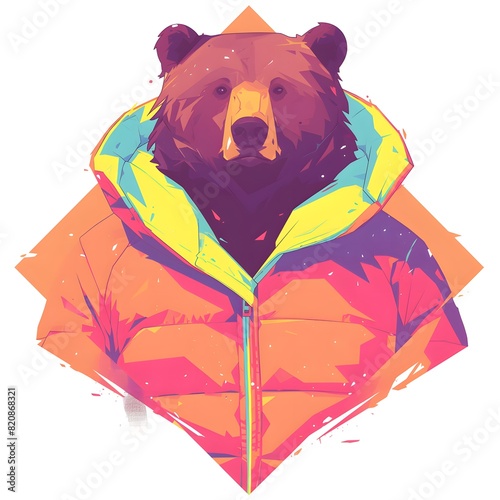 Bear mascot illustration in oversized jacket, vector logo style, e-sport gamer style, on isolated background.