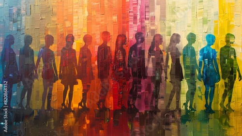 Fragmented human figures composed in a cascade of colorful stripes