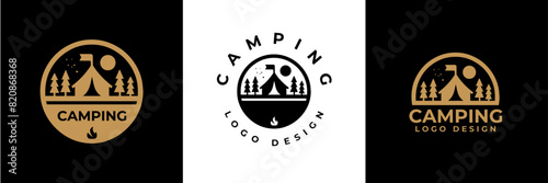 Simple camping logo with tent shape, tree and fire. camping outdoors nature adventure sign or symbol for travel tourism. Vintage summer camping logo.